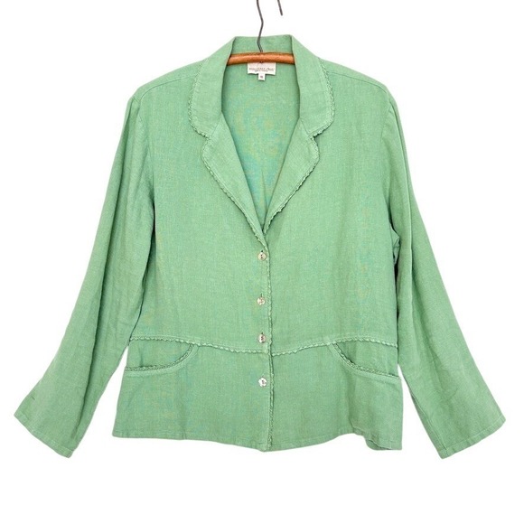 Sag Harbor Jackets & Blazers - VTG Monterey Bay Linen Button Blazer cardigan pocket Pea Green Lagenlook Crochet